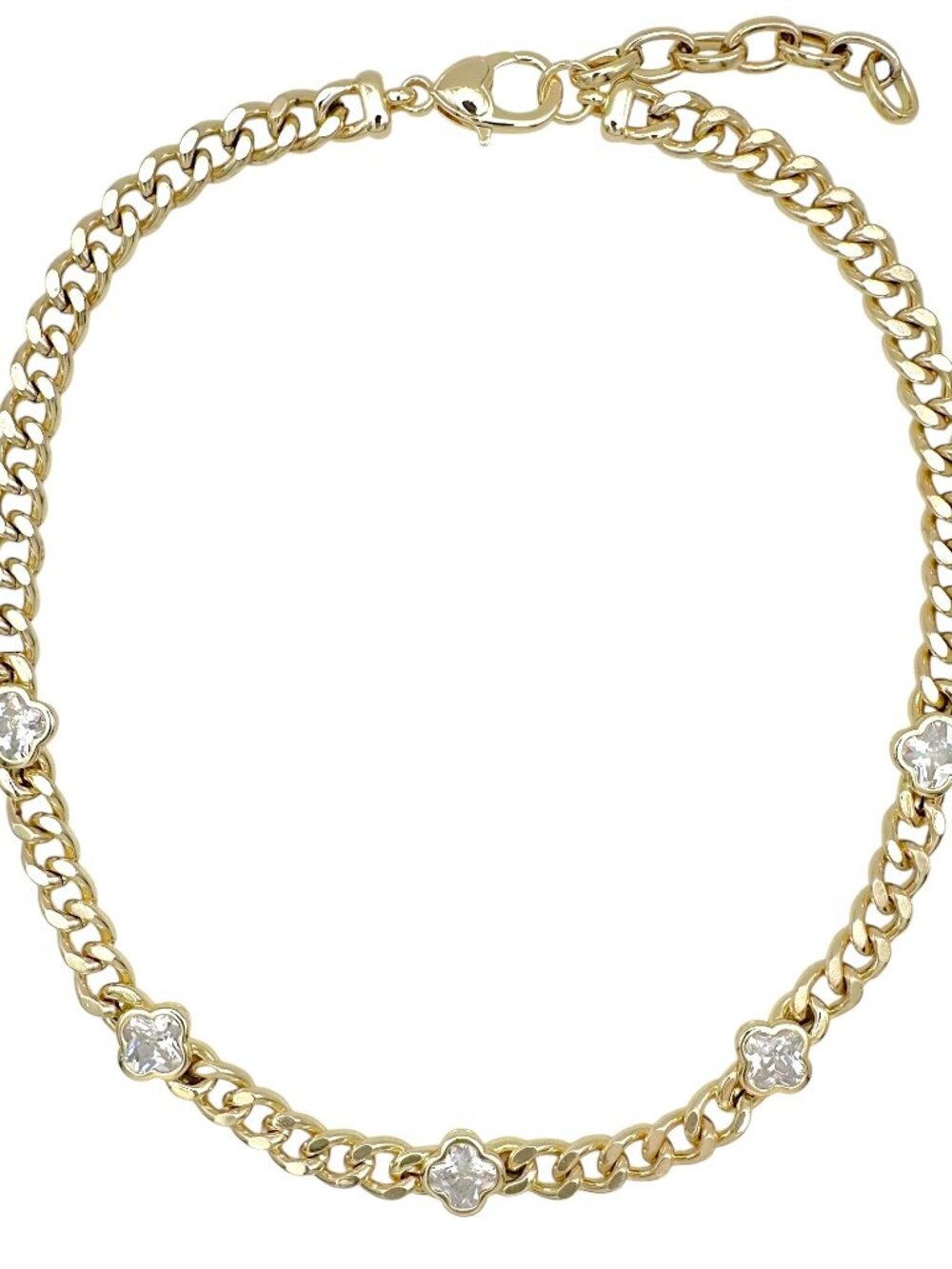 GOLD CUBAN LINK NECKLACE WITH 5 CLEAR CRYSTAL CLOVER STATIONS